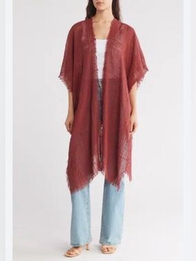 BCBG Open Front Red Duster Kimono Coverup Gold Cotton OS